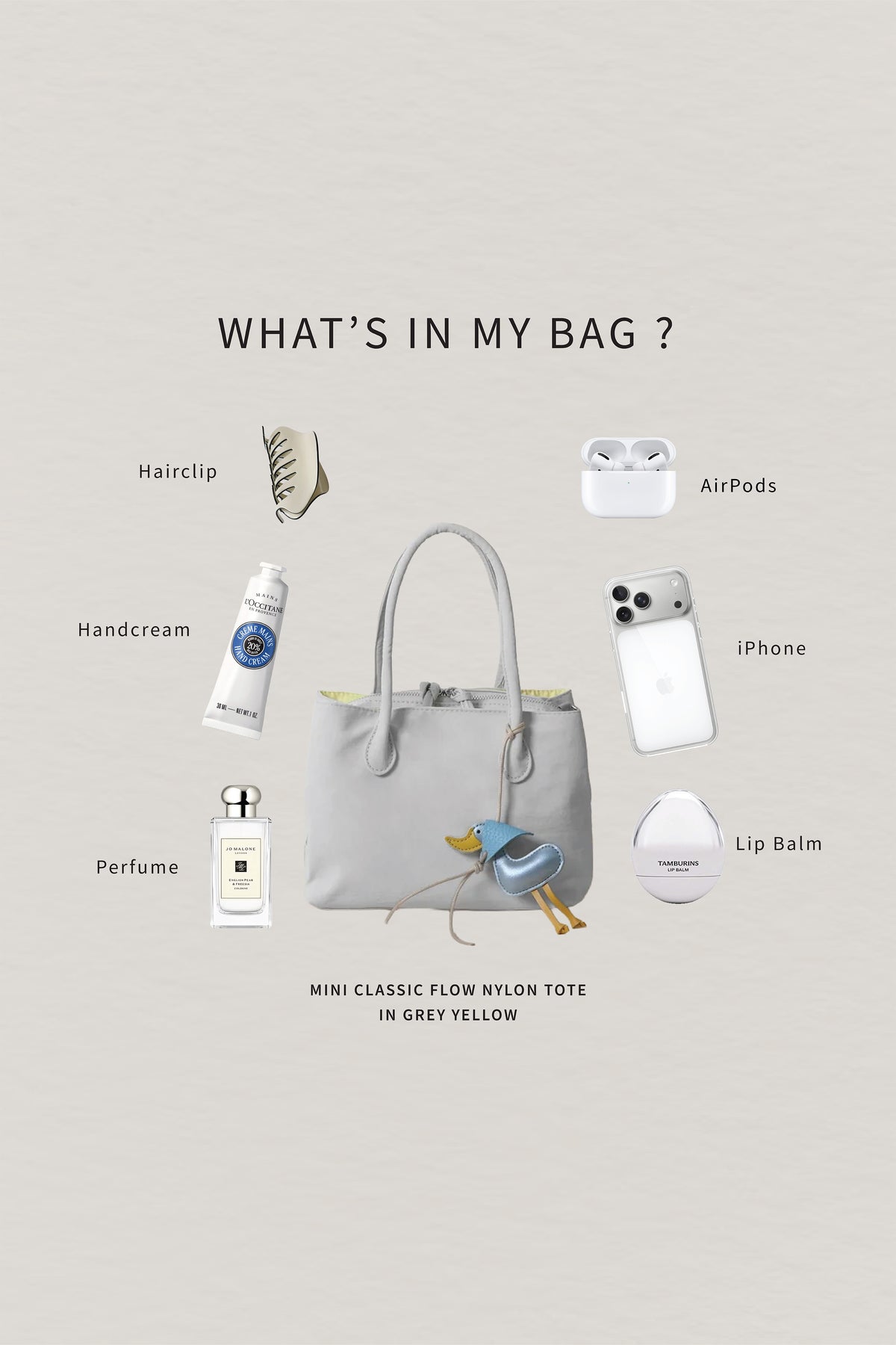 Mini Classic Flow Nylon Tote - Grey Yellow (With Charm)