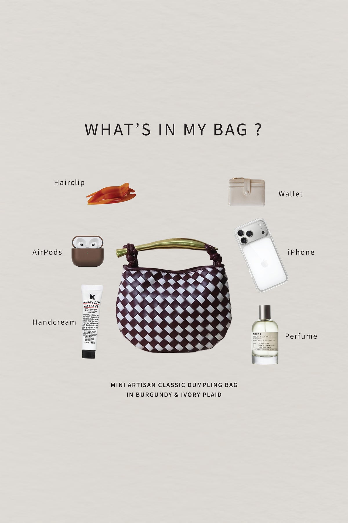 Mini Artisan Classic Dumpling Bag - Burgundy & Ivory Plaid