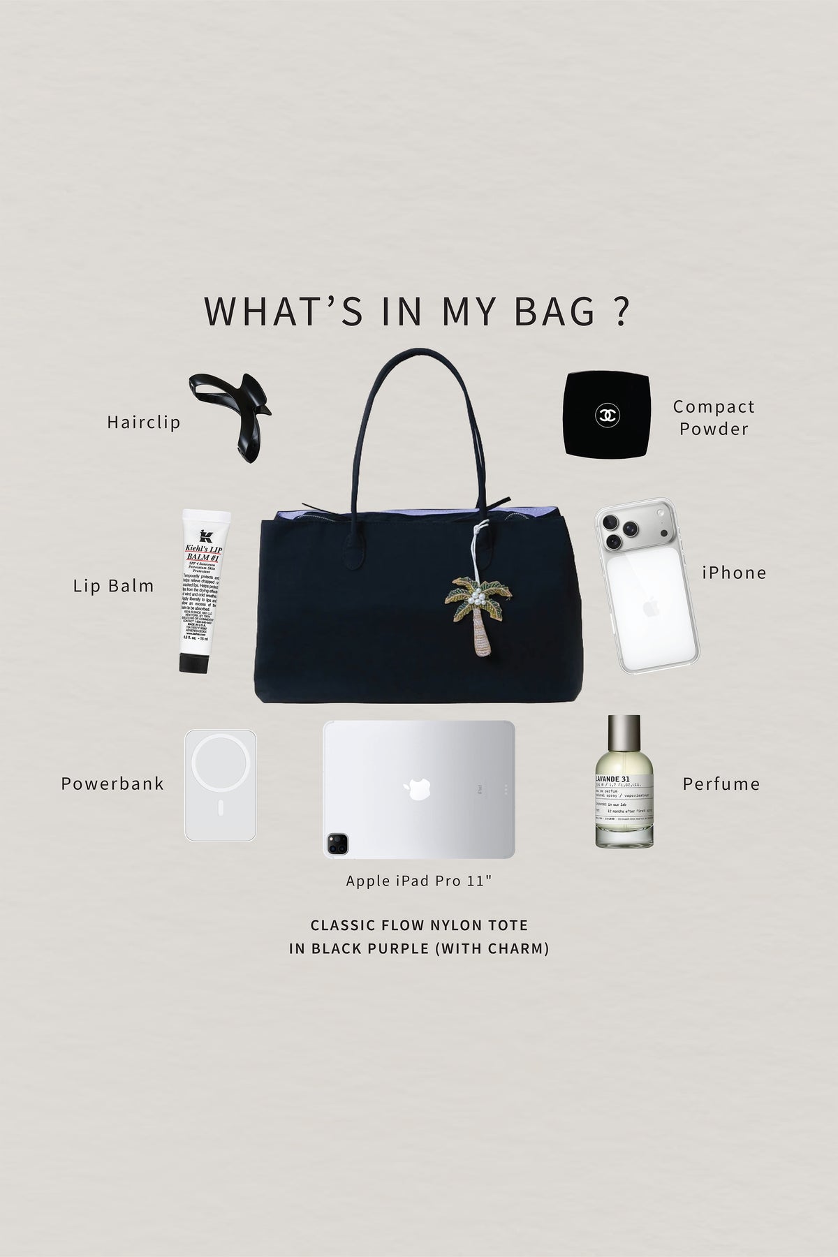 Classic Flow Nylon Tote - Black Purple (With Charm)