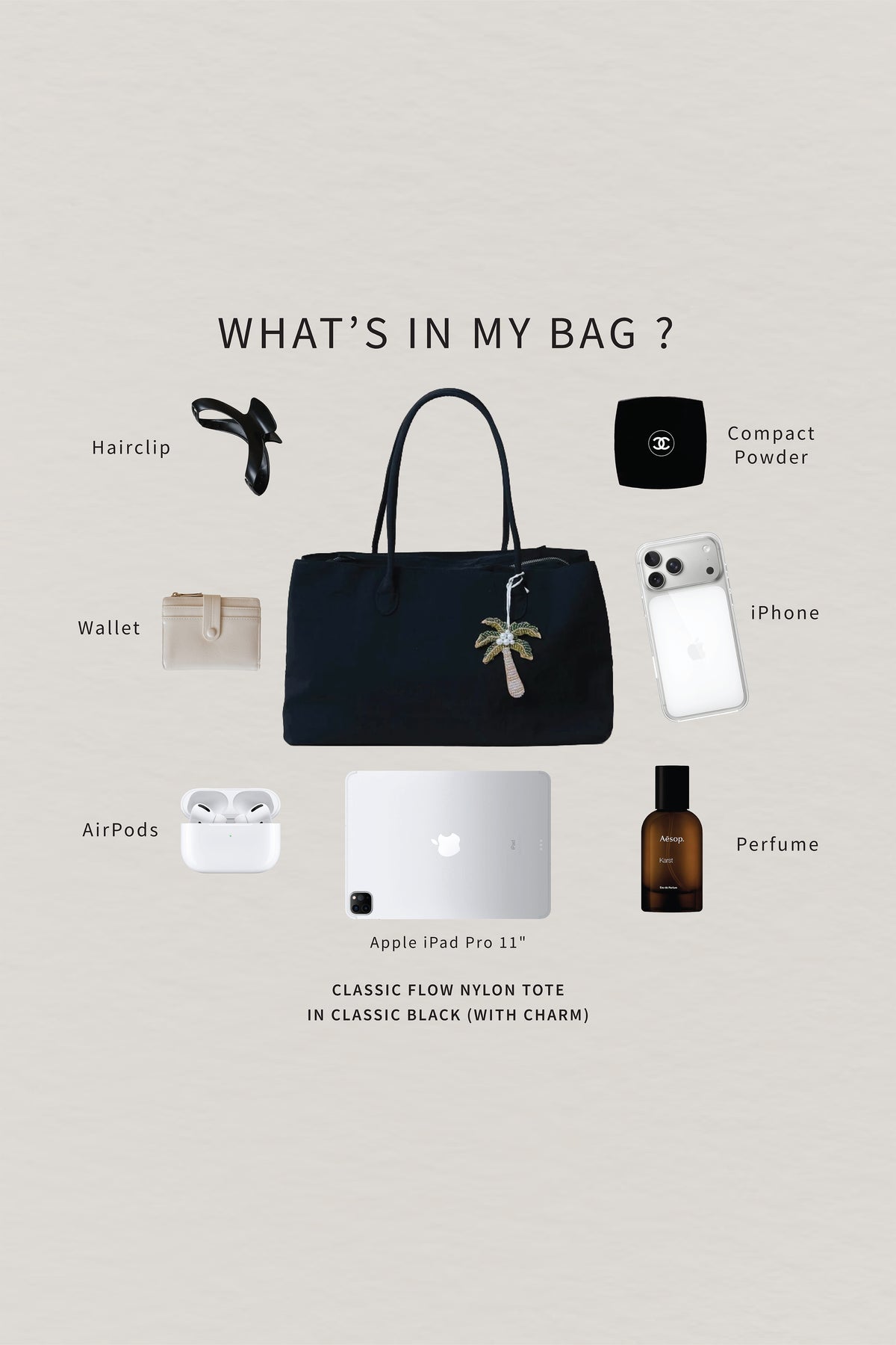 Classic Flow Nylon Tote - Classic Black (With Charm)