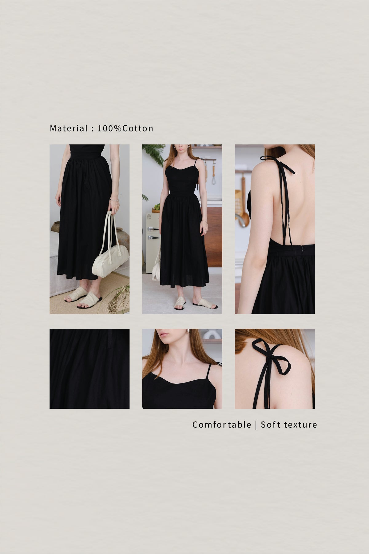 French Cotton and Linen High Waist Dress in Classic Black