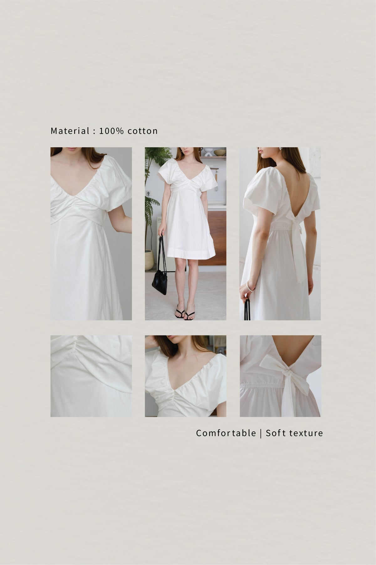 French Cotton Linen Puff Sleeve V-Neck Tie Dress In Cream White