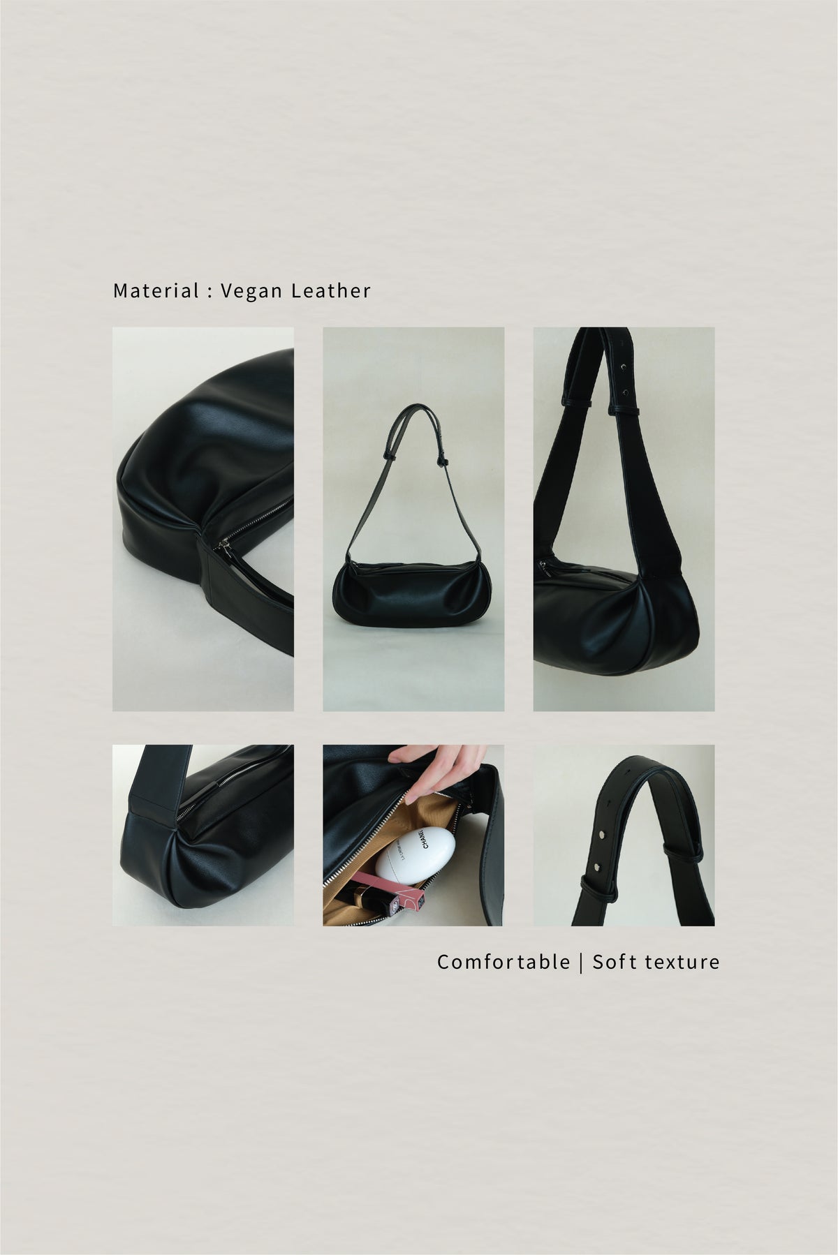 PU Soft Leather Pillow Bag in Classic Black