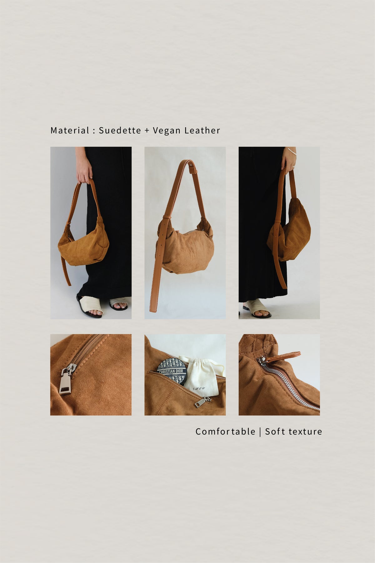 Vintage Suedette Dumpling Bag in Camel