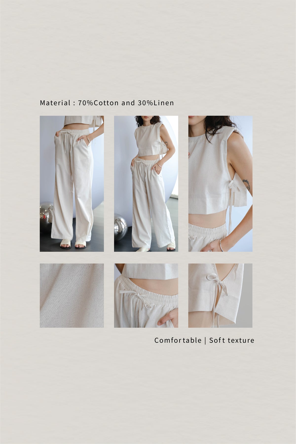 French Shoulder-padded Sleeveless Cotton + Linen Pants in Cream White Suit
