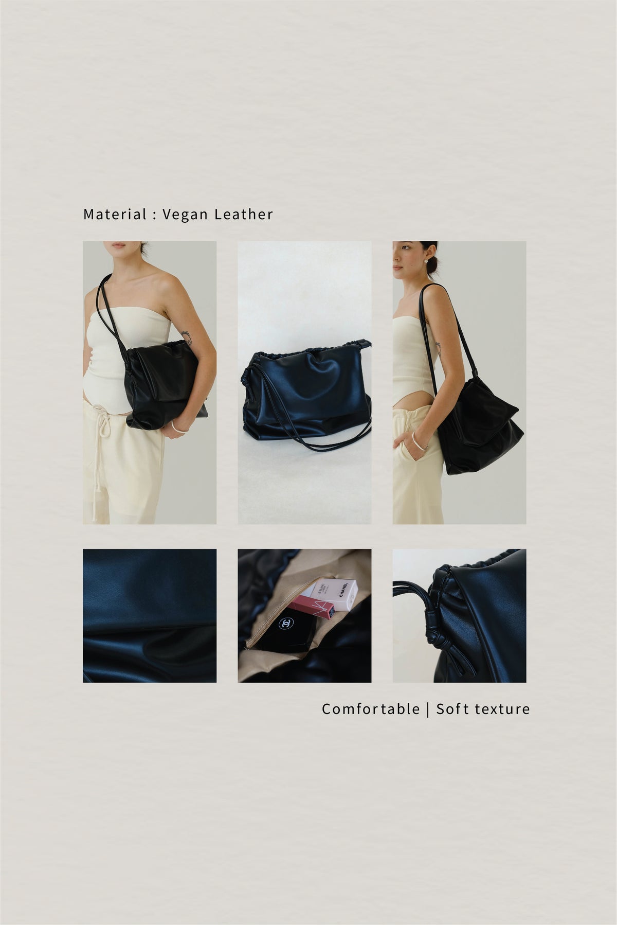 Drawstring Pleated Large Capacity Shoulder Bag in Classic Black