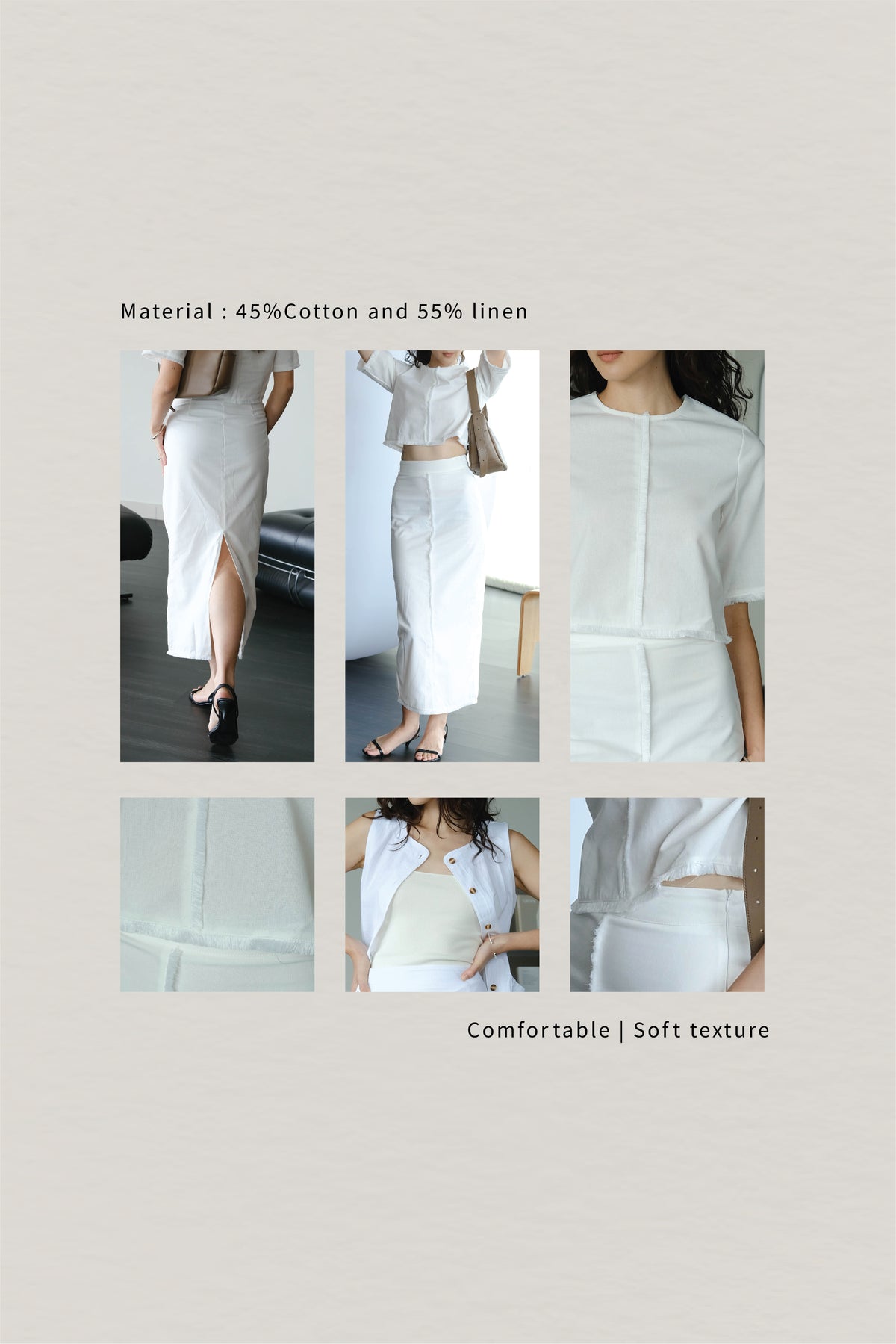French White Cotton and Linen Long Straight Skirt