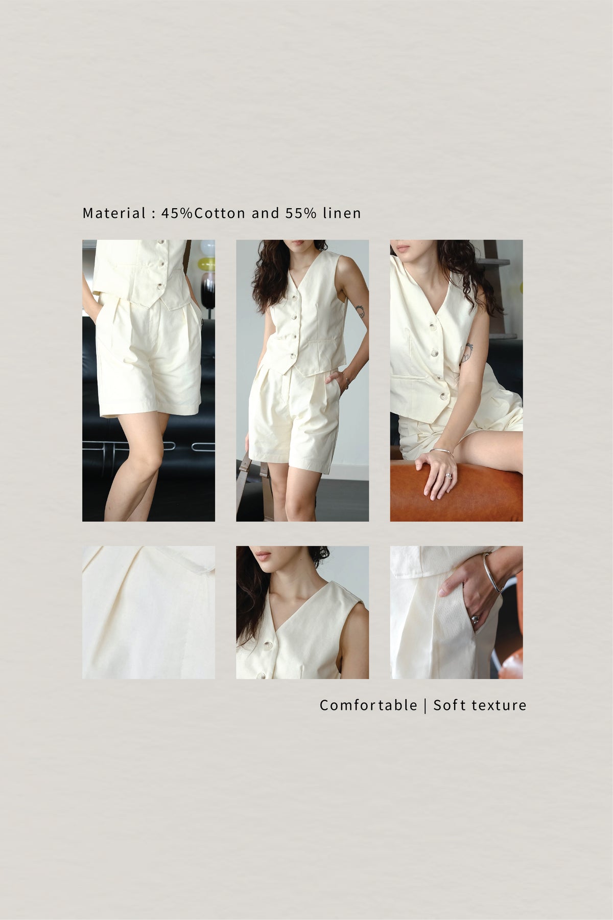 French Cotton Top + Linen Sleeveless Vest Short Pants in Cream White Suit