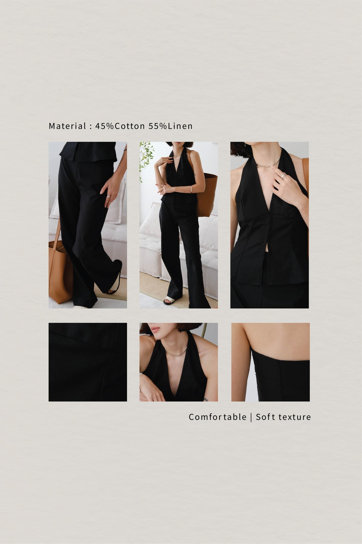 French Cotton and Linen Sleeveless Halter Top with Classic Black
