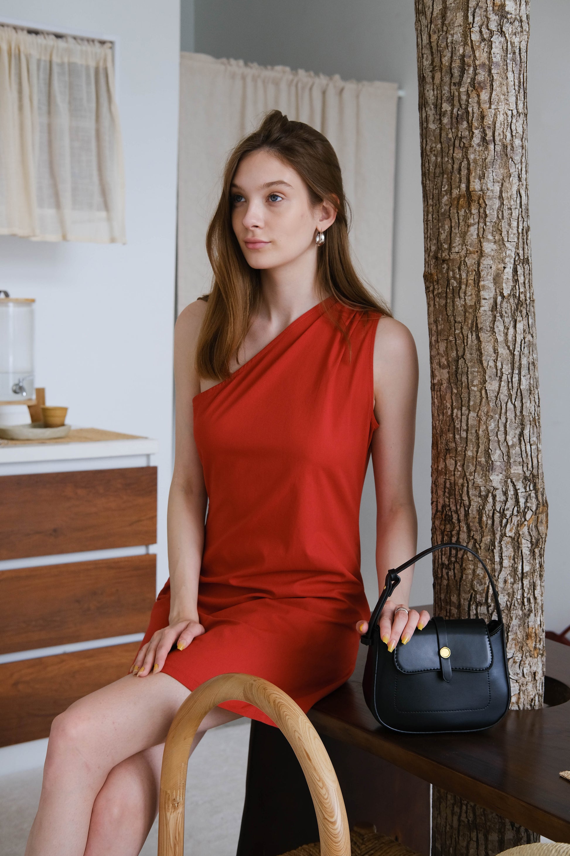 French Slim-Fit Elegant One-Shoulder Dress In Red S A O U French Slim-Fit Elegant One-Shoulder Dress In Red S A O U