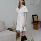 乳白色法式棉亞麻泡泡袖 V 領繫帶連身裙