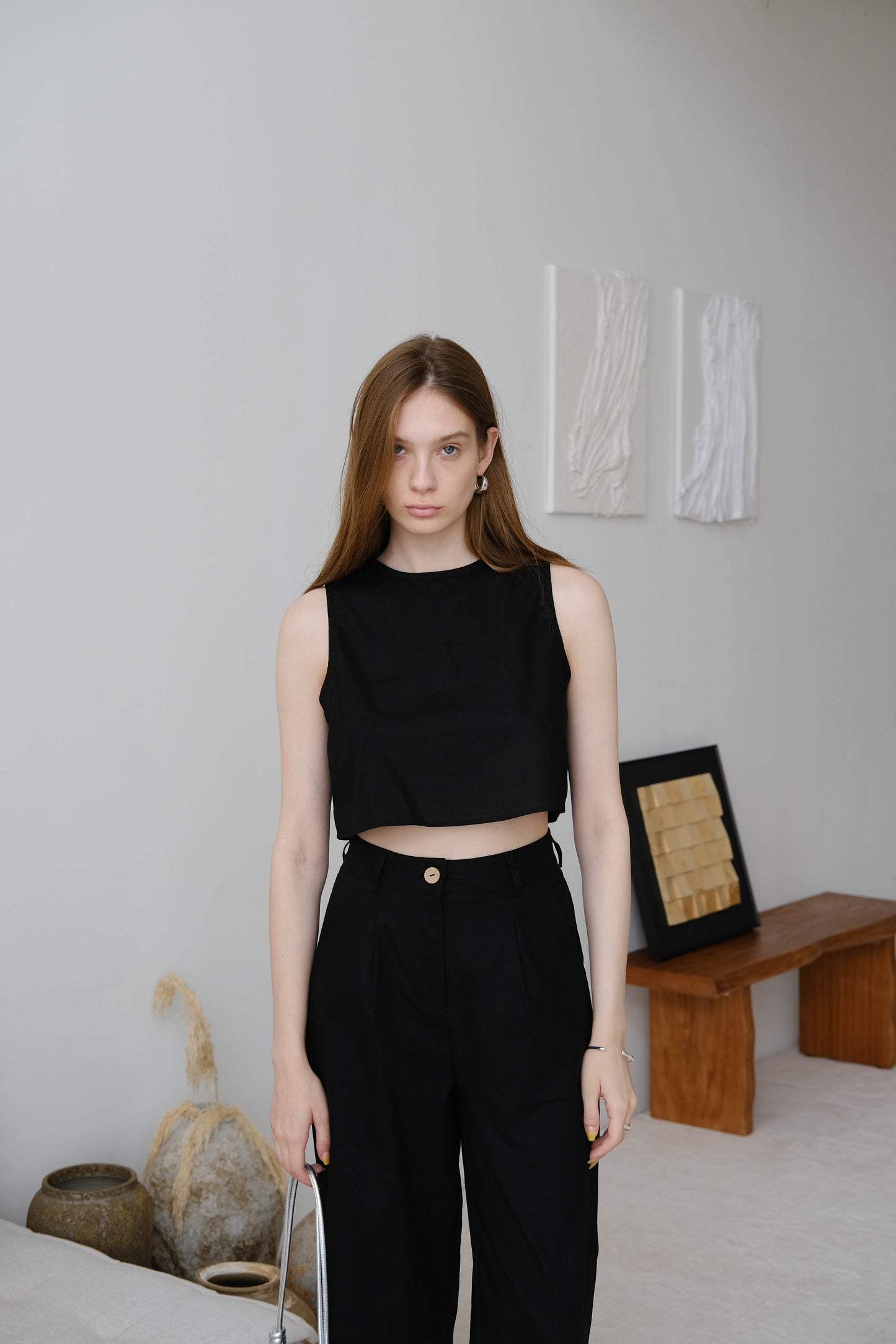 [2Pcs Suit] for French Minimalist Crop Top + Pocket Pants in Classic Black