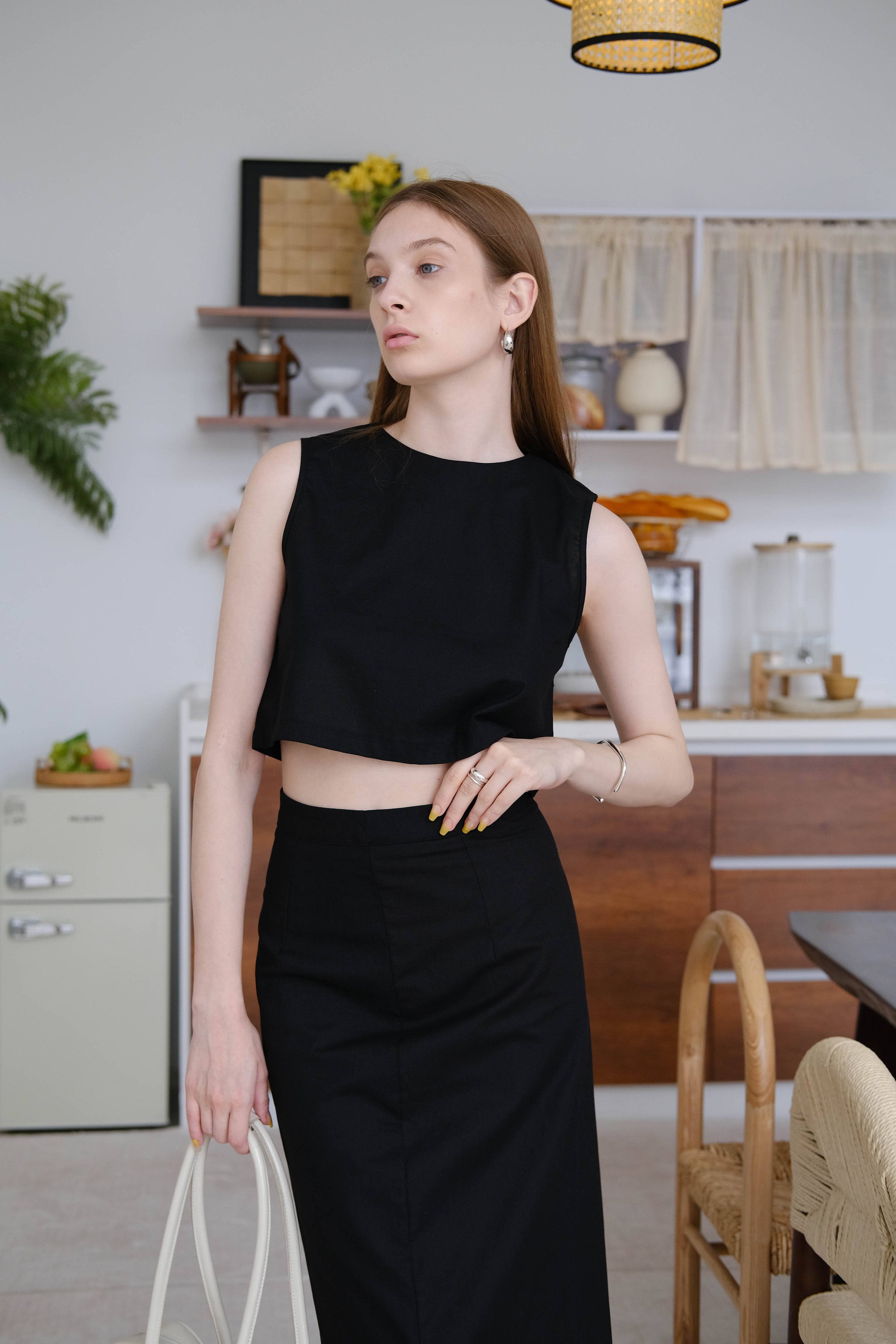 2Pcs Suit for French Crop Top High Waisted Pencil Skirt In Black S A O U