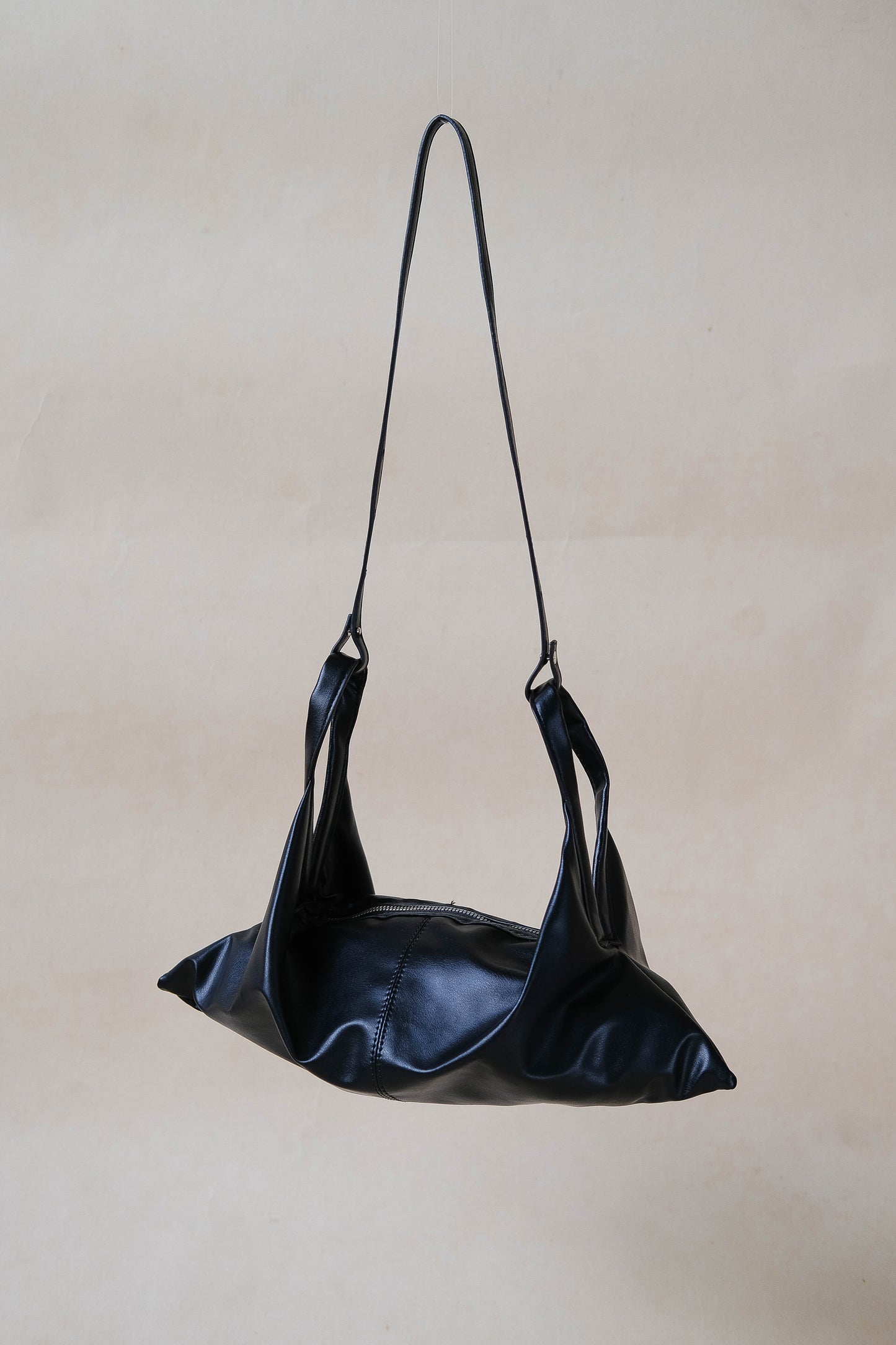 Oil Wax Soft Vegan Leather Horn Folding Bag - Classic Black