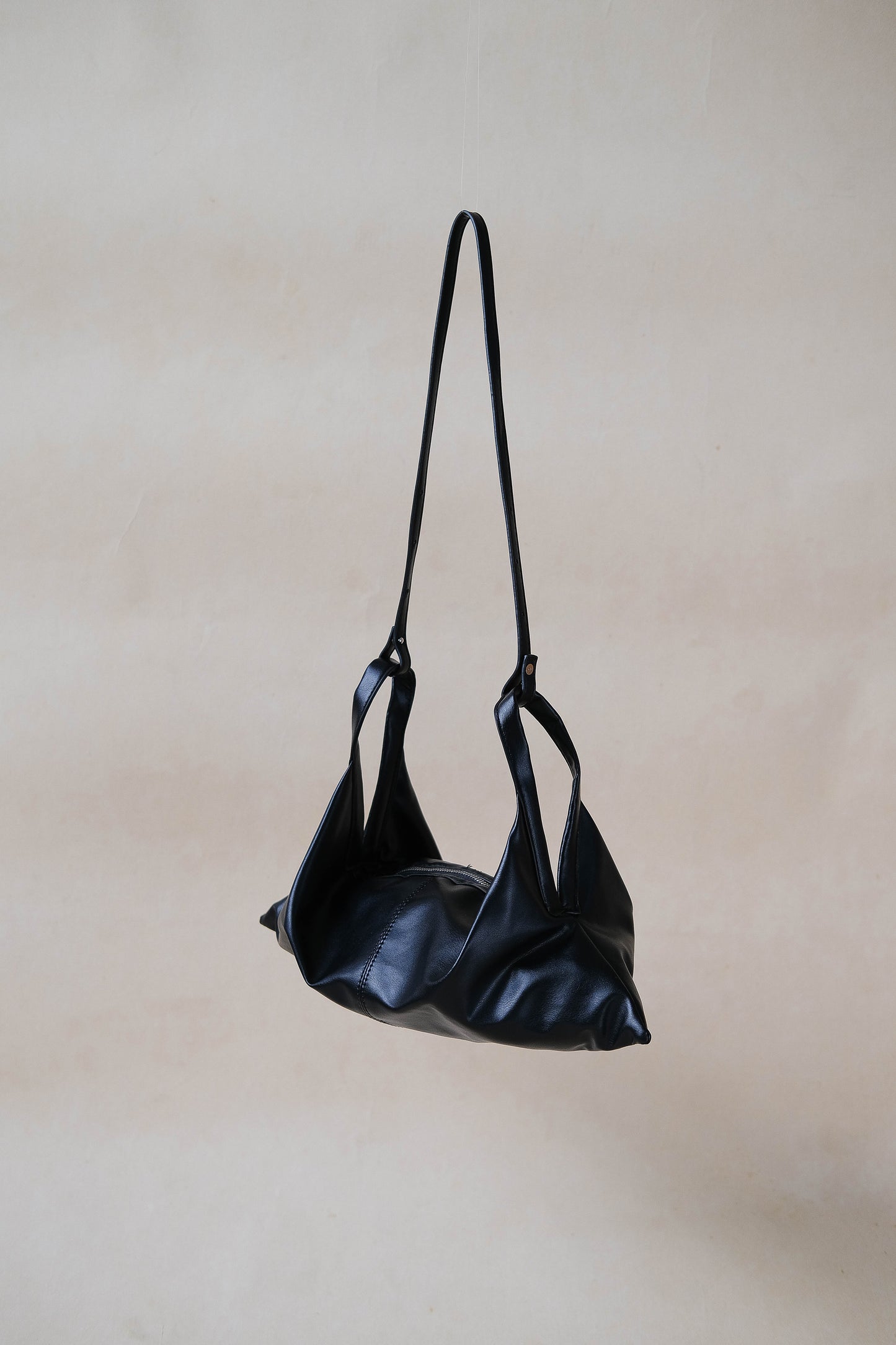 Oil Wax Soft Vegan Leather Horn Folding Bag - Classic Black