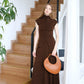 [2Pcs Suit] For Stand Collar Irregular Design Button Top +A Line Long Skirt- American Coffee