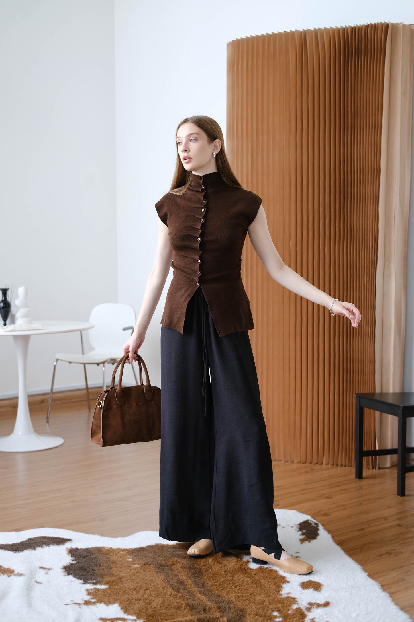 Stand Collar Irregular Design Button Top - American Coffee