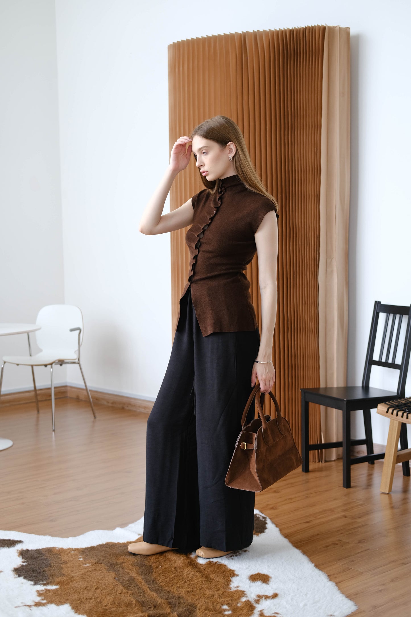 Stand Collar Irregular Design Button Top - American Coffee