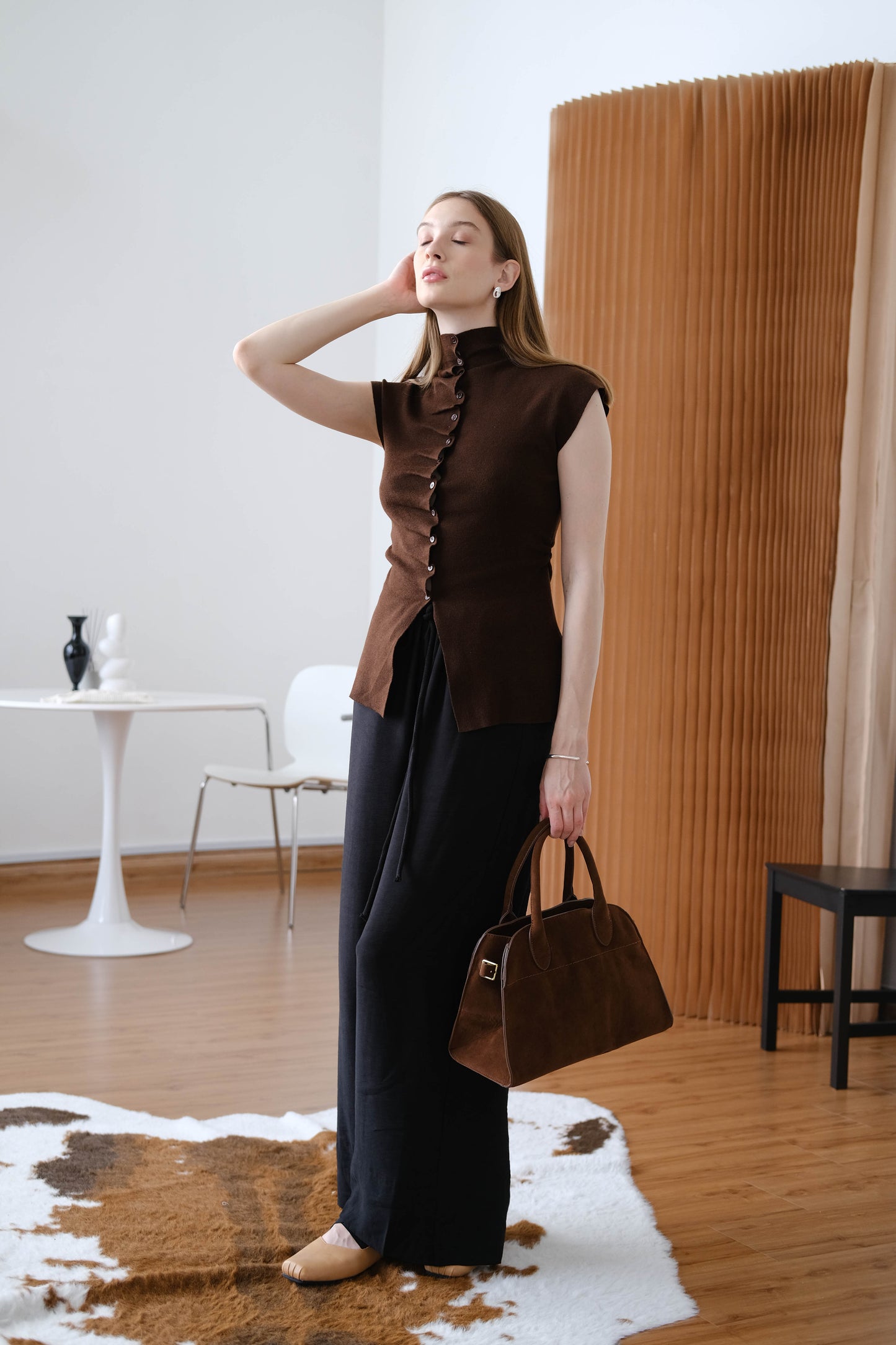 Stand Collar Irregular Design Button Top - American Coffee