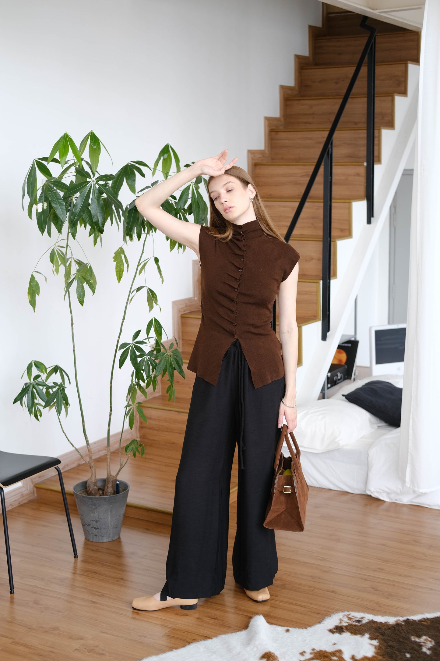 Stand Collar Irregular Design Button Top - American Coffee