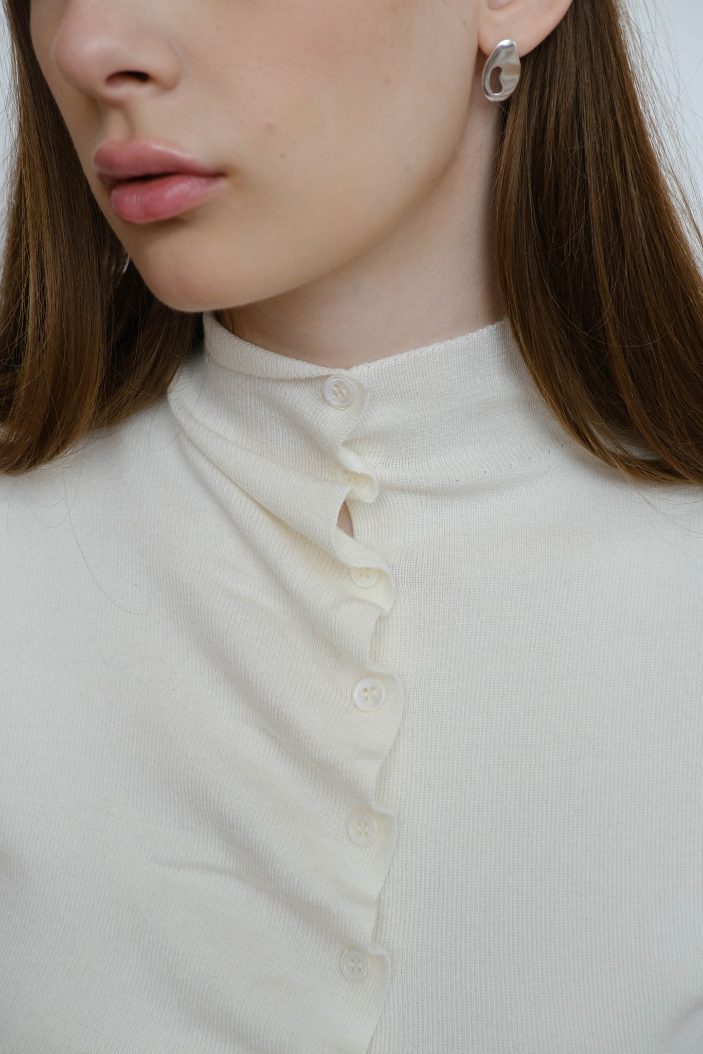 Stand Collar Irregular Design Button Top - Cream White