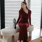 [2Pcs Suit] For Slanted v-neck top + Side zip Skirt - Berry Red