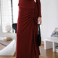 [2Pcs Suit] For Slanted v-neck top + Side zip Skirt - Berry Red