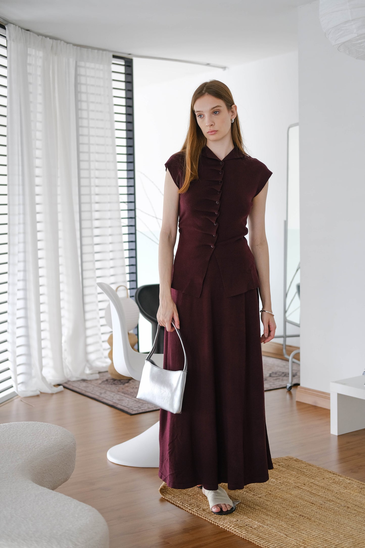 [2Pcs Suit] For Stand Collar Irregular Design Button Top + A Line Long Skirt- Elegant Purple