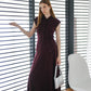 [2Pcs Suit] For Stand Collar Irregular Design Button Top + A Line Long Skirt- Elegant Purple