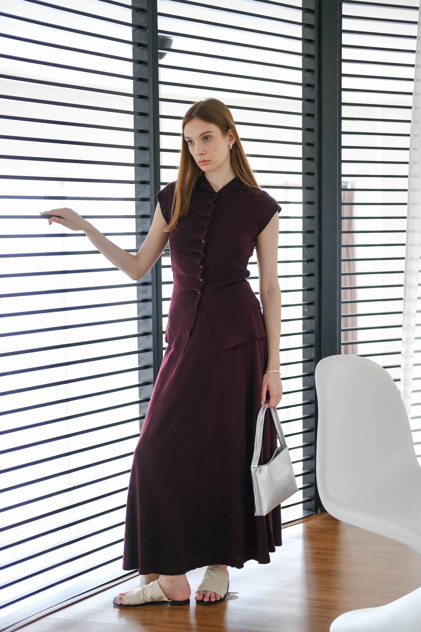 [2Pcs Suit] For Stand Collar Irregular Design Button Top + A Line Long Skirt- Elegant Purple