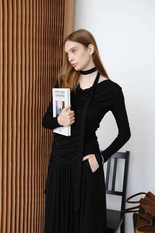 [2Pcs Suit] For Small scarf irregular hem long sleeve top + Wide Waist Plated Pocket Skirt -Classic Black