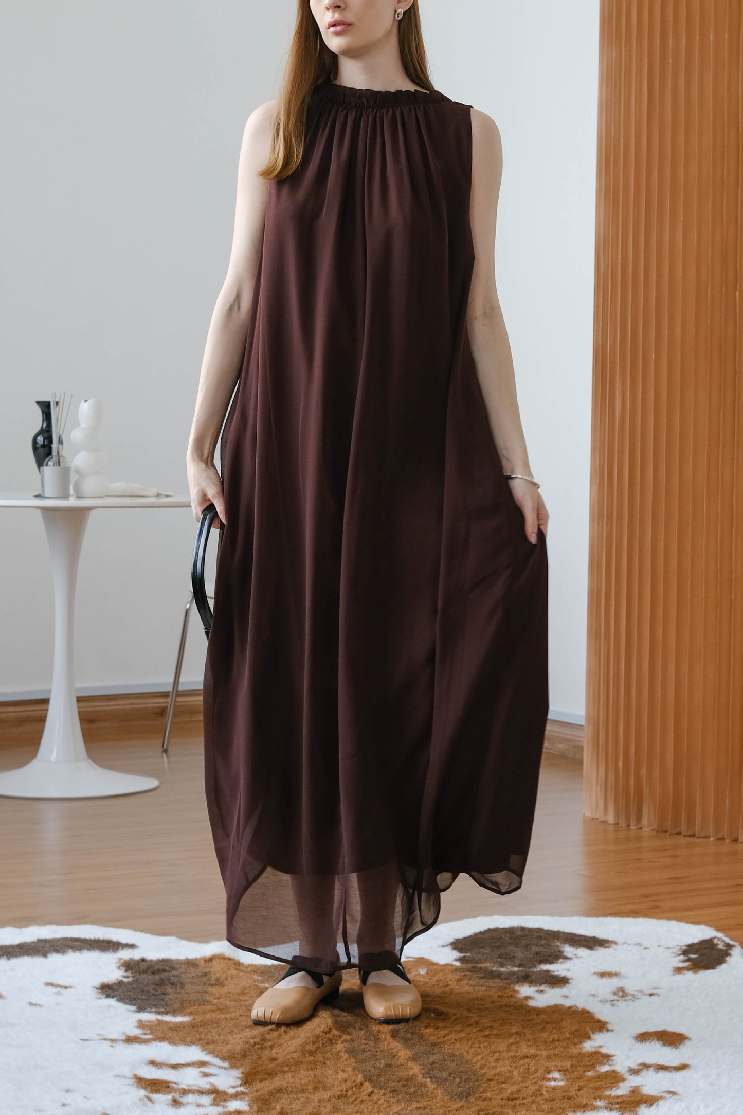 French Swag Collar Dress - Brown