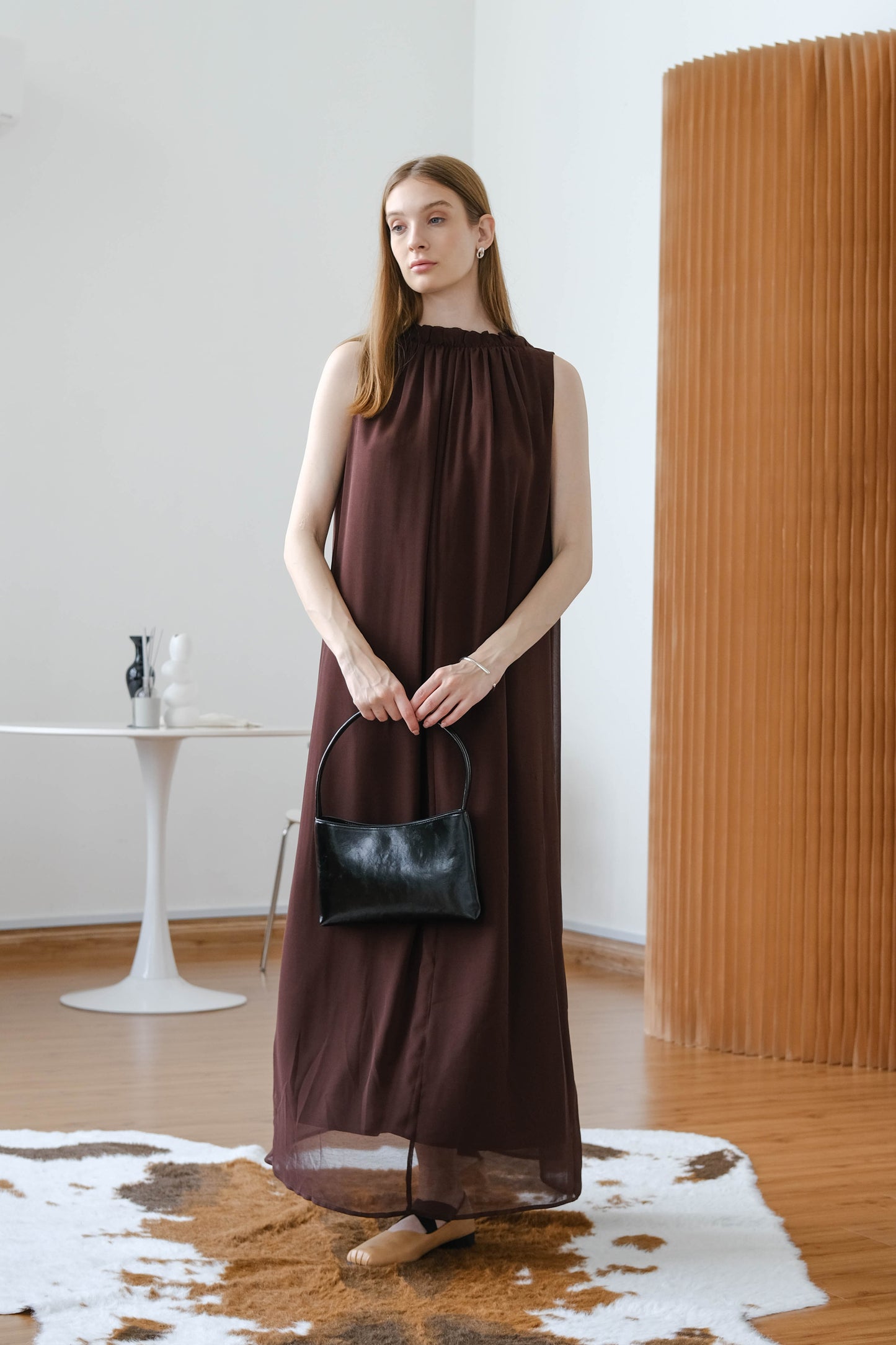 French Swag Collar Dress - Brown