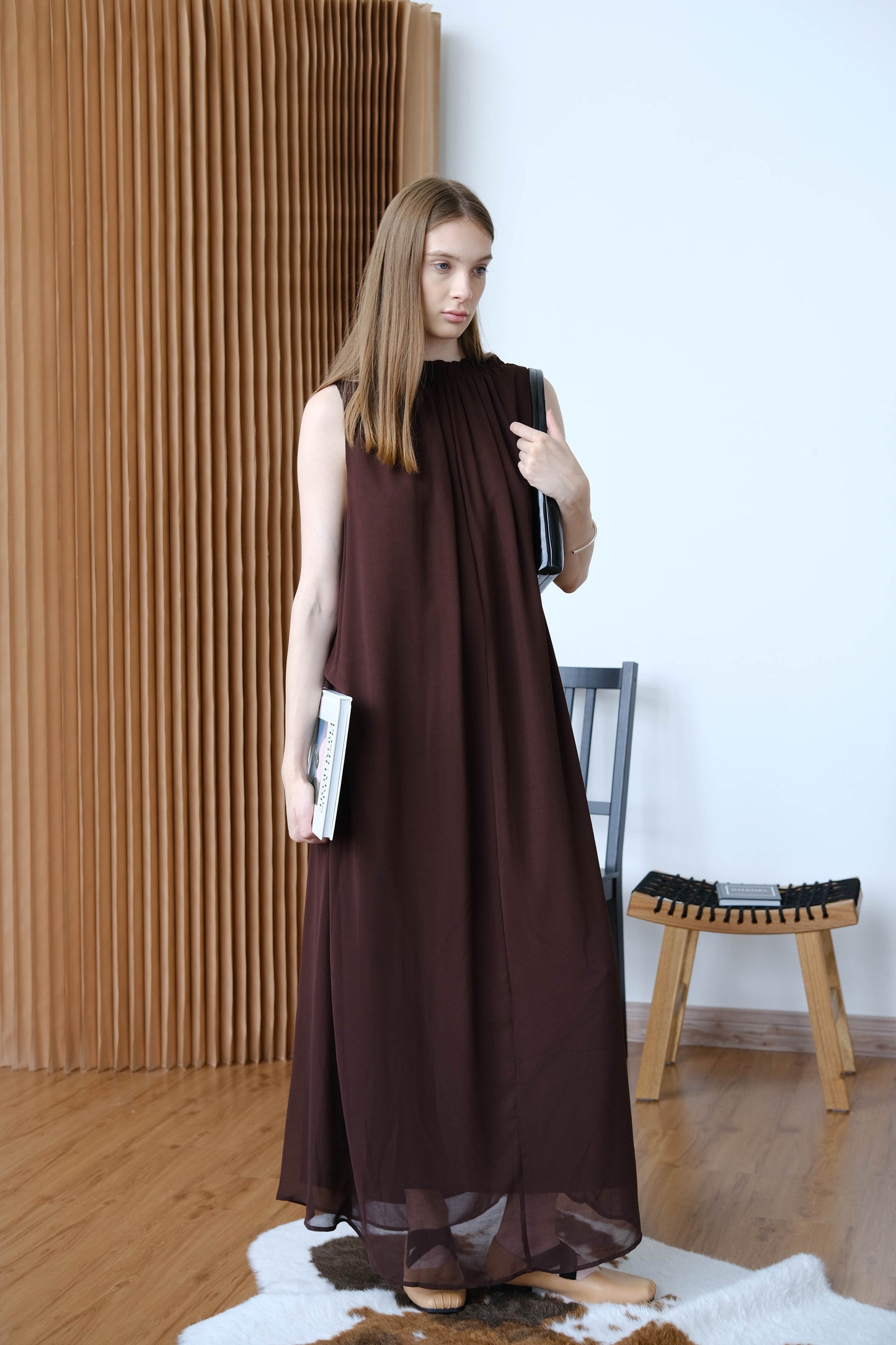 French Swag Collar Dress - Brown