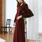 [2Pcs Suit] For Small scarf irregular hem long sleeve top + Wide Waist Plated Pocket Skirt- Berry Red