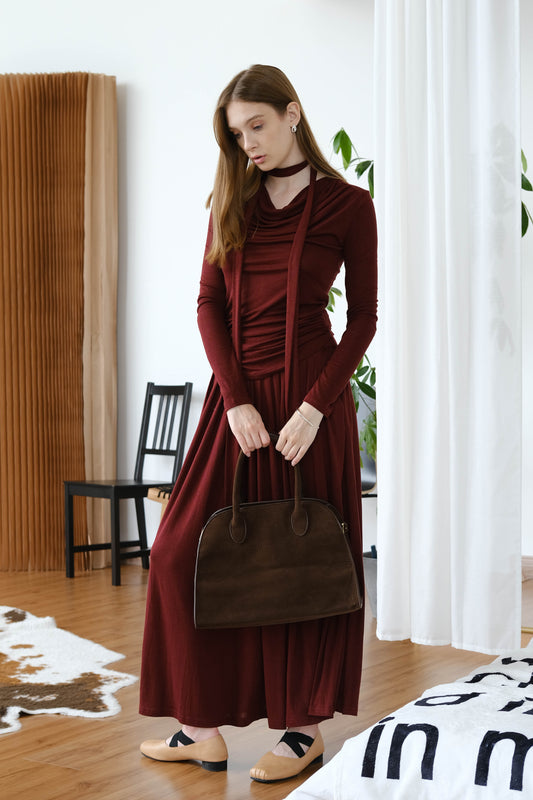 [2Pcs Suit] For Small scarf irregular hem long sleeve top + Wide Waist Plated Pocket Skirt- Berry Red