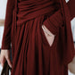 [2Pcs Suit] For Small scarf irregular hem long sleeve top + Wide Waist Plated Pocket Skirt- Berry Red