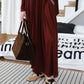 [2Pcs Suit] For Small scarf irregular hem long sleeve top + Wide Waist Plated Pocket Skirt- Berry Red