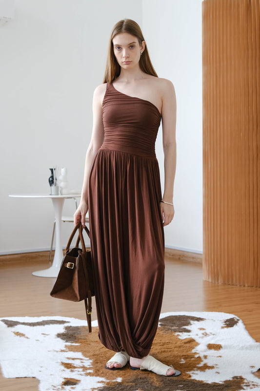 French Sloping Shoulder Pleated Dress - Coffee