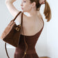 Matte PU Tote Crossbody Bag - Brown