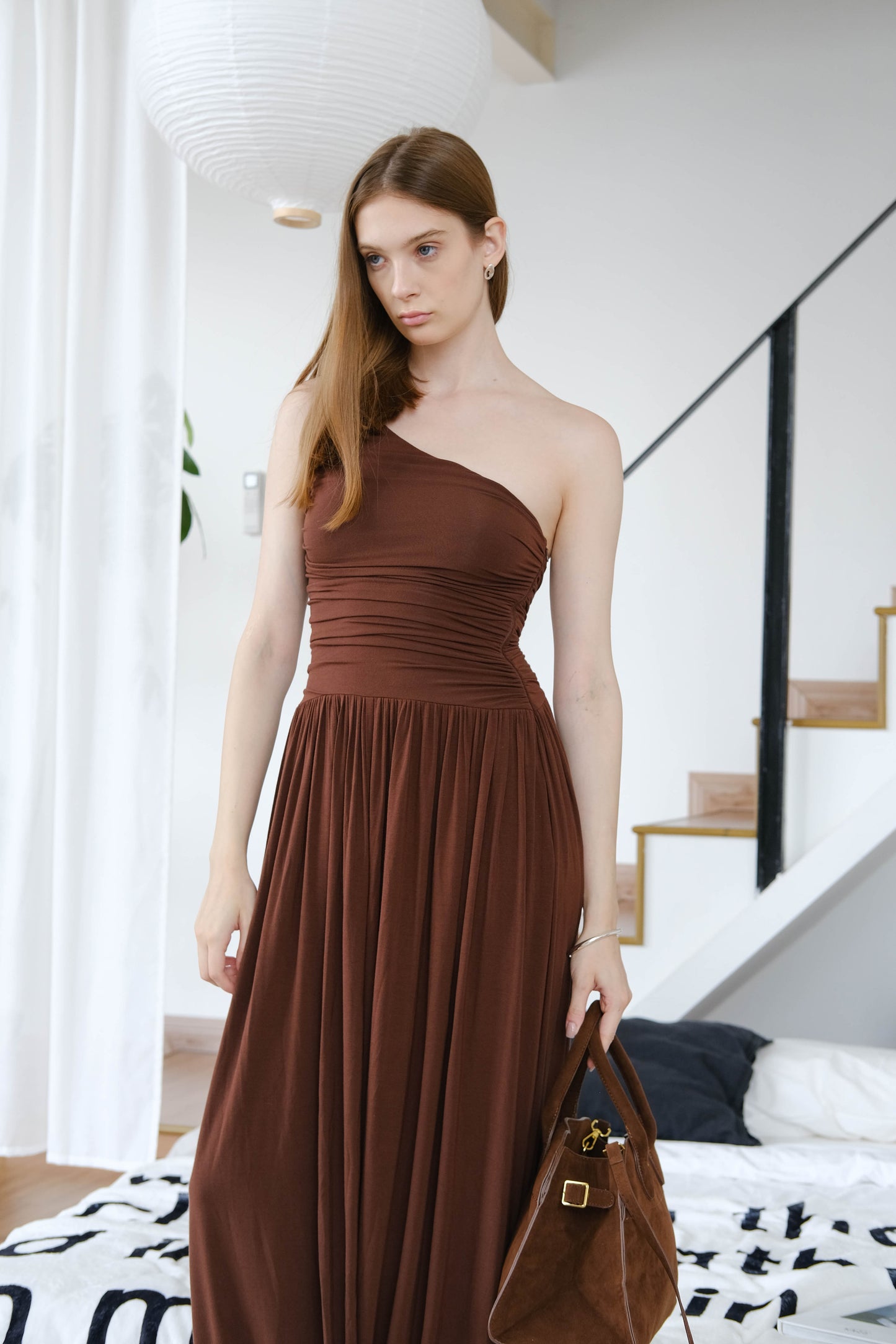 French Sloping Shoulder Pleated Dress - Coffee