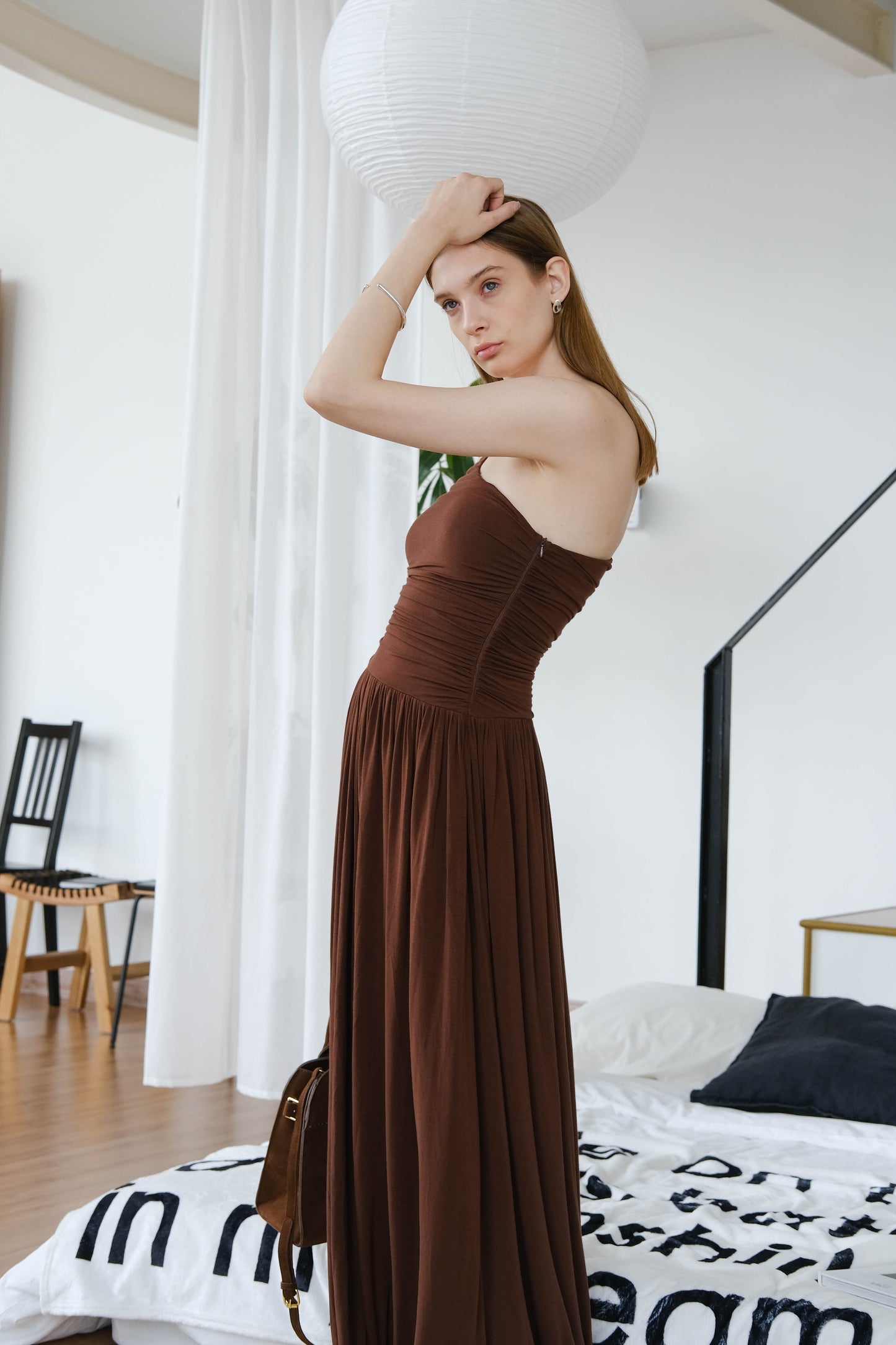 French Sloping Shoulder Pleated Dress - Coffee