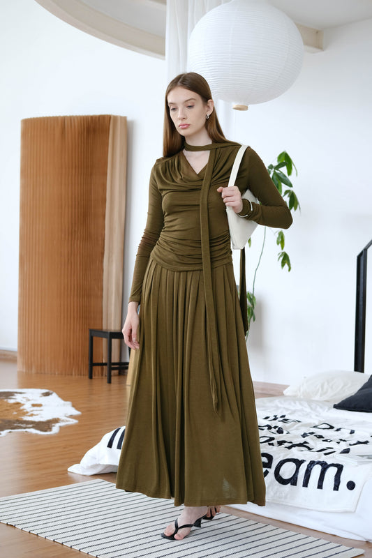 [2Pcs Suit] For Small scarf irregular hem long sleeve top + Wide Waist Plated Pocket Skirt - Mustard Green