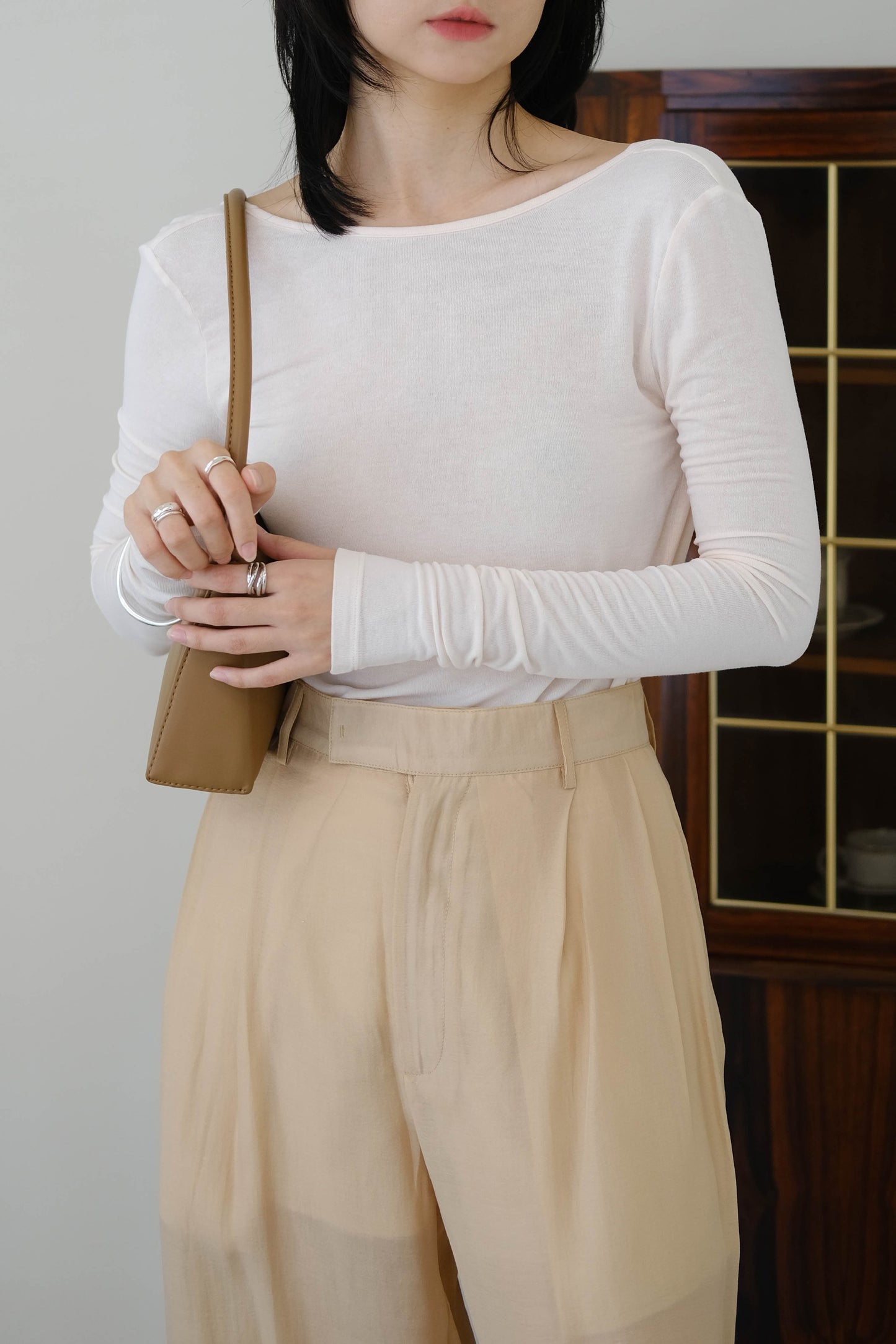 Open back stretch knit sweater in nude color