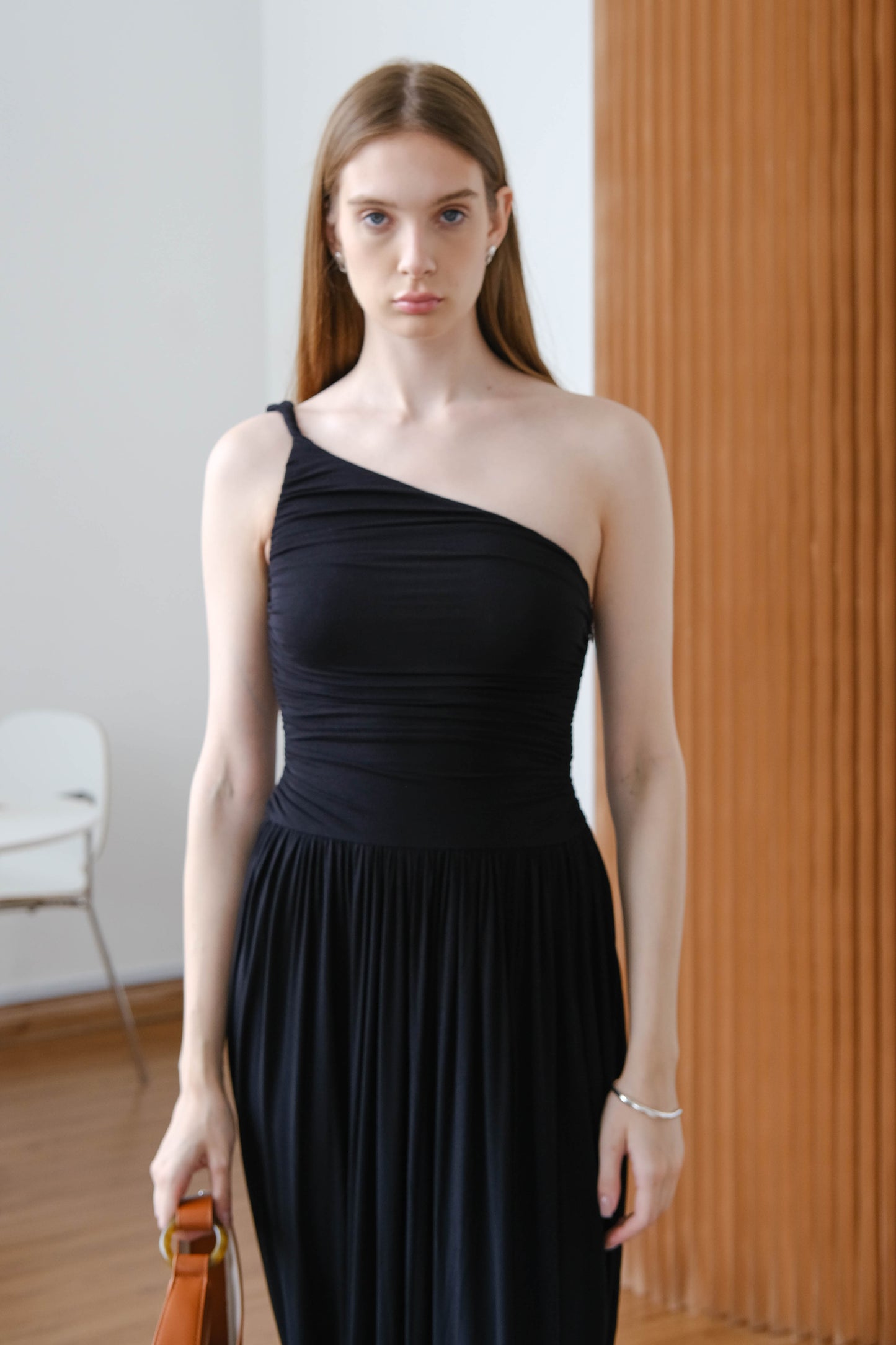 French Sloping Shoulder Pleated Dress - Classic Black