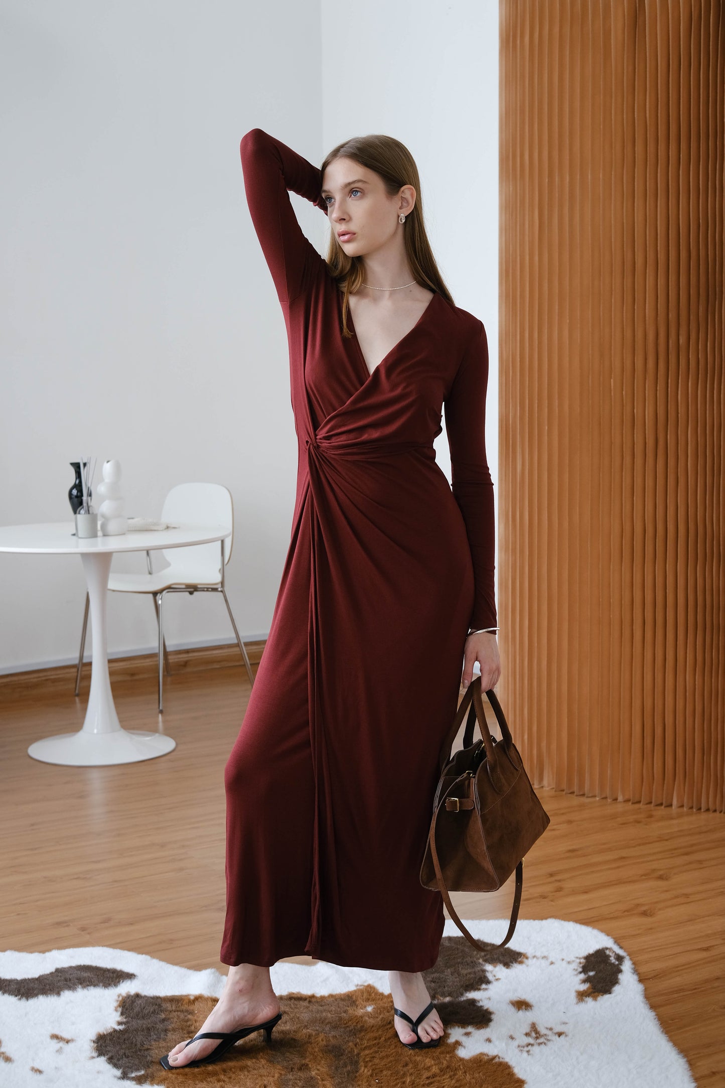 French V-neck Twist Dress - Berry Red