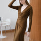 French V-neck Twist Dress - Mustard Green