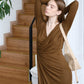 French V-neck Twist Dress - Mustard Green
