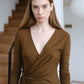 French V-neck Twist Dress - Mustard Green