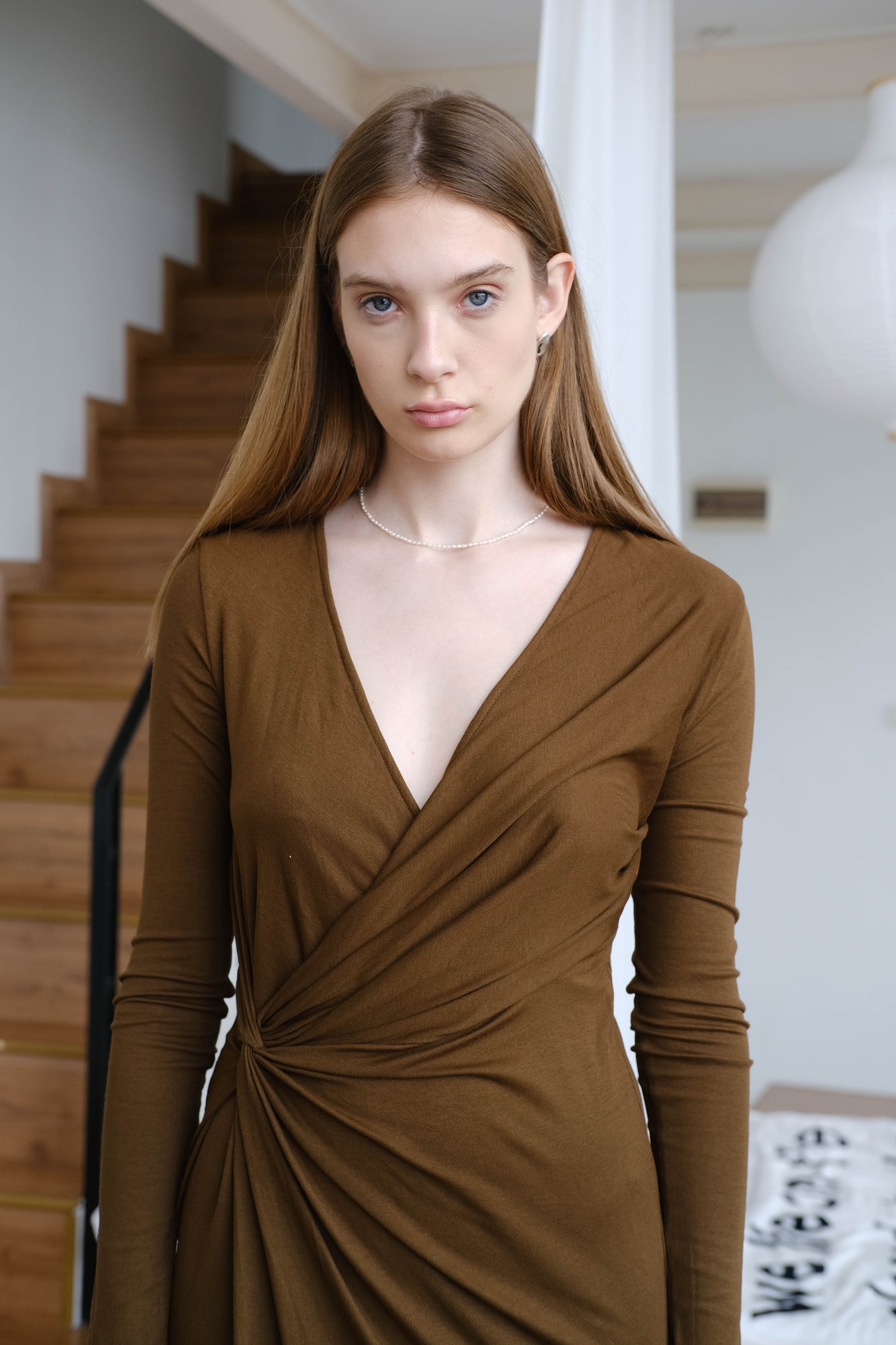 French V-neck Twist Dress - Mustard Green S A O U French V-neck Twist Dress - Mustard Green S A O U